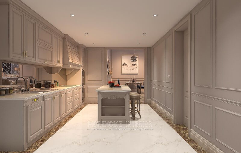 Thiết kế tủ bếp chữ i kiểu dáng tân cổ điển, các chi tiết chạm khắc tinh xảo, không quá cầu kì tạo sự sang trọng, đẳng cấp mà không rối mắt cho người nhìn Thiết kế tủ bếp đẹp