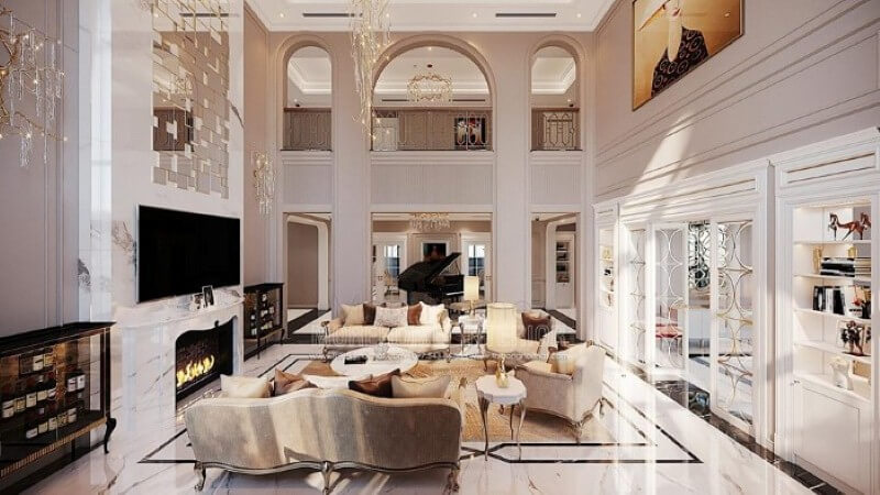 Thiết kế nội thất biệt thự Vinhomes Imperia Hải Phòng ấn tượng với phòng khách thông tầng đẹp, sang trọng. Thiết kế phòng khách nhà phố