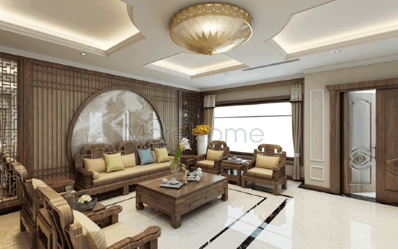 Đường vân uốn lượn sống động từ đá ốp tường cao cấp kết hợp cùng bức vách ốp tường hoa văn trang nhã góp phần tạo nên bức tranh phòng khách Á Đông tuyệt đẹp cho biệt thự Riverside Nguyễn Duy Trinh, Quận 2, Tp. Hồ Chí Minh. Thiết kế phòng khách nhà phố