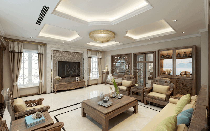 Thiết kế nội thất phong cách Á Đông mang lại cảm giác ấm áp, gần gũi nhưng không kém phần sang trọng đẳng cấp tại biệt thự Riverside Nguyễn Duy Trinh. Thiết kế phòng khách nhà phố