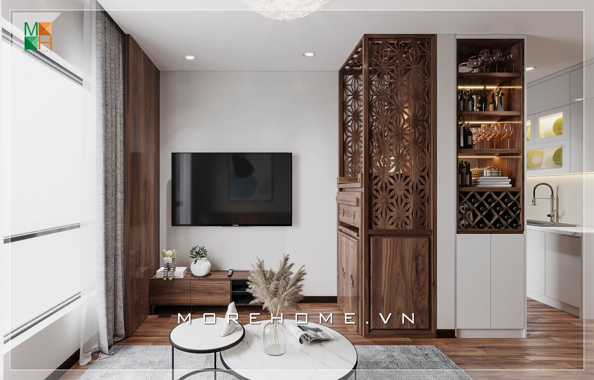 Mẫu tủ kệ gỗ trang trí với chạm khắc họa tiết đẹp mắt và độc đáo. Thiết kế phòng khách nhà phố