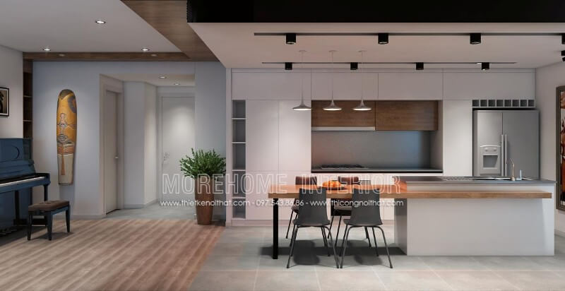 Tủ bếp hiện đại kiểu dáng chữ i với chất liệu gỗ công nghiệp nhẹ nhàng, thiết kế rất sáng tạo,lạ mắt tạo nên một sự sang trọng và quý phái cho gia đình Tủ bếp hiện đại