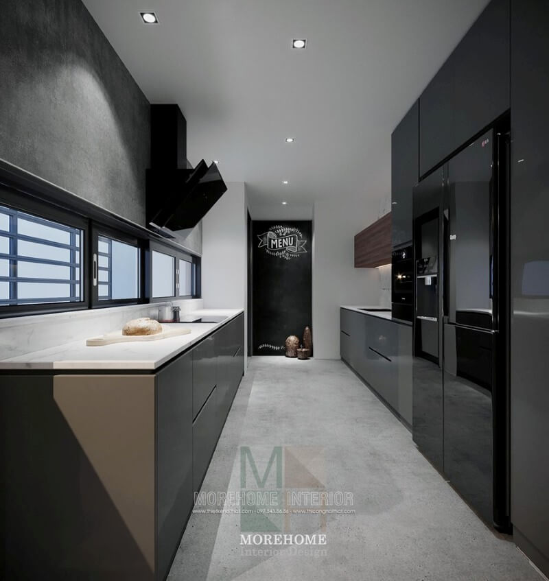 Nội thất phòng bếp chung cư hiện đại pha thêm chút nâu đỏ của hệ tủ bếp trên làm cho không gian bếp thêm ấm áp và hài hòa Nội thất phòng bếp gỗ công nghiệp