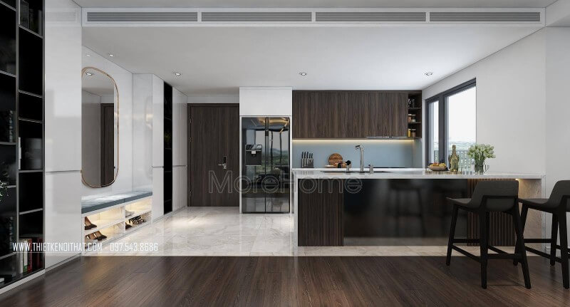 Liên thông với không gian phòng khách là không gian phòng bếp thiết kế ấn tượng Nội thất phòng bếp gỗ công nghiệp