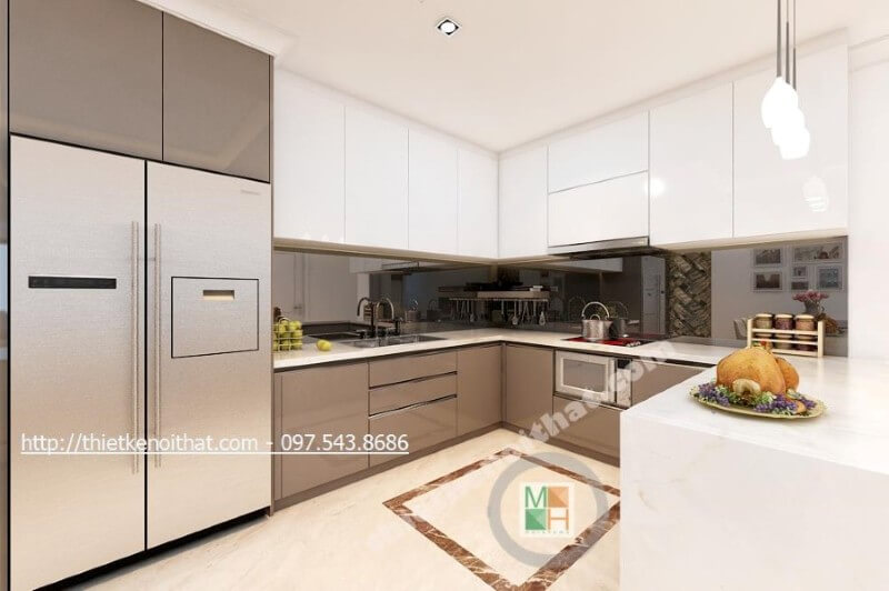 Thiết kế nội thất phòng bếp khoa học, hợp lí vừa gọn gàng, thẩm mĩ, vừa đảm bảo công năng sử dụng cho gia chủ Nội thất phòng bếp gỗ công nghiệp