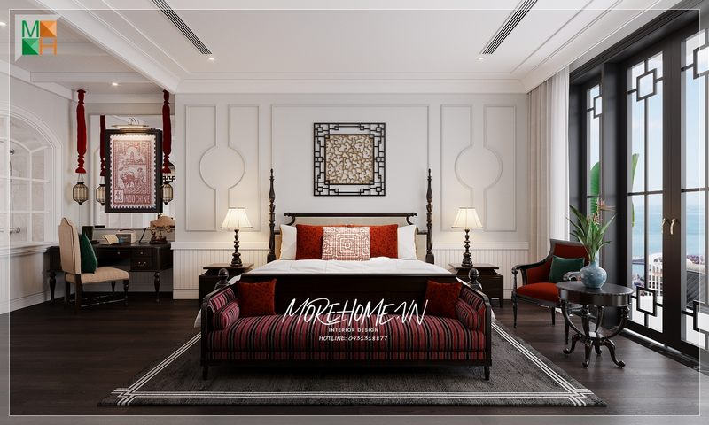 Mẫu giường ngủ kèm ghế cuối giường bằng gỗ tự nhiên sơn đen phong cách Indochine sang trọng