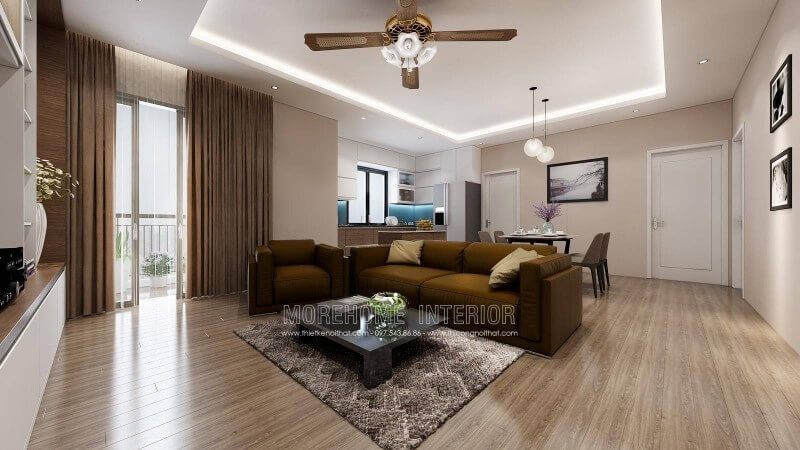 Không gian phòng khách không quá cầu kỳ với bộ sofa vải màu nâu đậm, mang đến sự mới lạ cho không gian