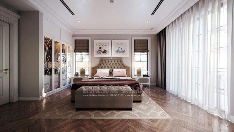 Giường ngủ bọc nệm với kiểu dáng vát góc cùng cách trang trí các nút tạo vừa tạo điểm nhấn ấn tượng vừa tạo cảm giác êm ái cho phòng con.