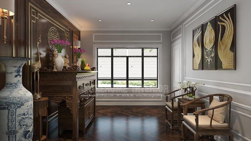 Thiết kế phòng thờ đẹp với cách bố trí cửa sổ lớn giúp không gian phòng thờ luôn được thông thoáng mà không phạm phong thủy.