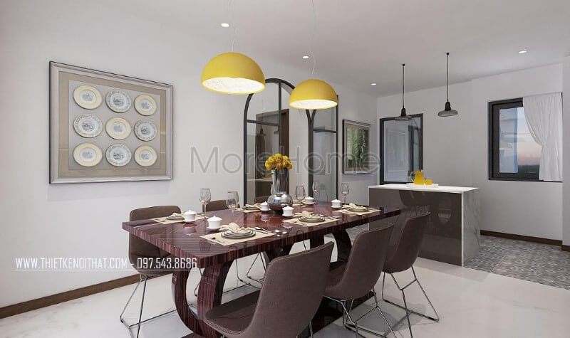 Thiết kế phòng ăn hiện đại, sang trọng với bàn gỗ đối vân cao cấp cùng bộ 6 ghế kiểu dáng độc đáo.