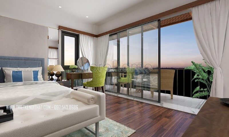 Phòng ngủ biệt thự hiện đại, thông thoáng và sang trọng bởi ý tưởng trang trí mở từ hệ cửa kính cường lực lớn giúp bạn có thể tận hưởng cảm giác trong lành, ngắm nhìn vẻ đẹp tuyệt vời từ thiên nhiên ngay tại giường ngủ của mình.