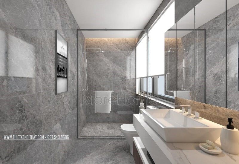 Phòng tắm hiện đại nổi bật với sắc trầm chủ đạo từ đá xám ốp tường cao cấp.