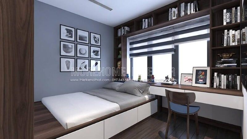 Kệ trang trí liền bàn học độc đáo với ý tưởng tạo các ngăn lưu trữ tận dụng tối đa diện tích nhưng vẫn đảm thông thoáng cho phòng con.