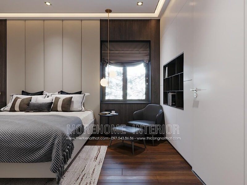 Kệ tủ đựng đồ âm tường đẹp tạo nét liền mạch ấn tượng cho không gian ngủ hiện đại.