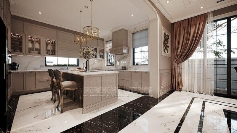 Sắp xếp nội thất phòng bếp cao cấp đẹp, sang trọng cho biệt thự, nhà phố.