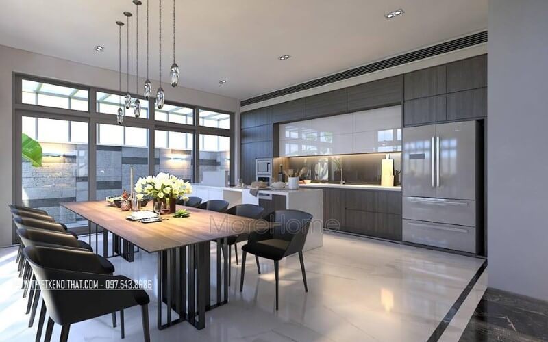 Bàn ghế ăn hiện đại đẹp sang trọng với sự kết nối đồng điệu giữa chiếc bàn gỗ chân sắt sang trọng cùng bộ 8 ghế sẫm màu.