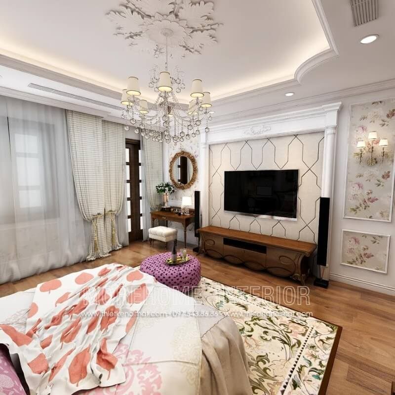 Mẫu kệ tivi tân cổ điển tại phòng ngủ này được thiết kế và sản xuất từ gỗ óc chó nhập khẩu cao cấp