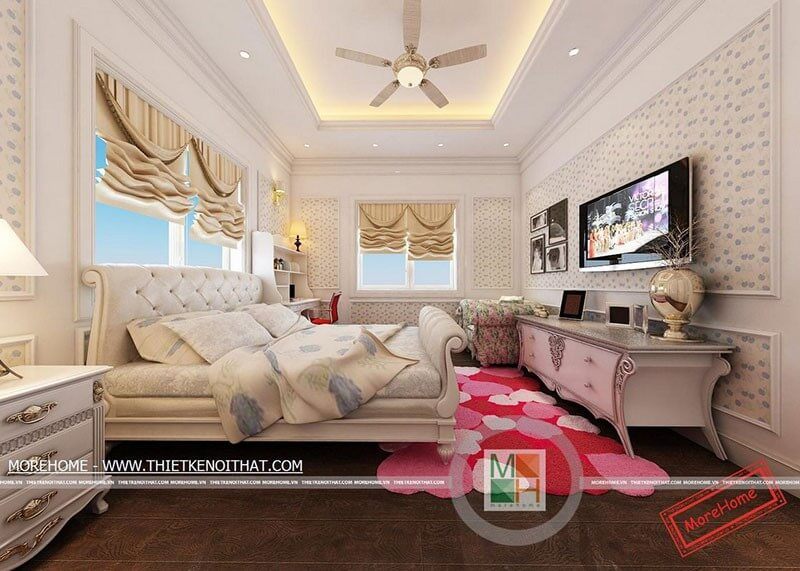 Mẫu kệ tivi gỗ màu trắng, thiết kế tân cổ điển, đường nét hoa văn tỉ mỉ tạo nên không gian sang trọng cho phòng ngủ