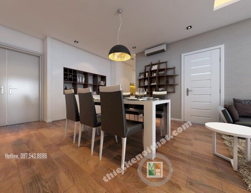 Mẫu cửa gỗ màu trắng được lựa chọn tạo sự đồng nhất cho không gian không bị rối mắt