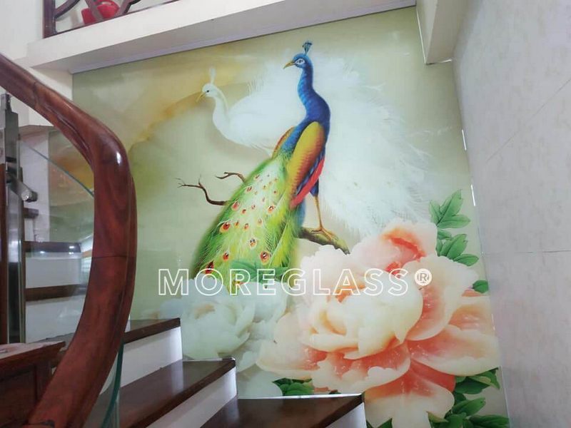 Mẫu tranh kính ốp tường in 3D hình tượng chim công và hoa hồng, vừa mang ý nghĩa phong thủy may mắn tốt đẹp, vừa tạo điểm nhấn ấn tượng cho không gian ngôi nhà của bạn