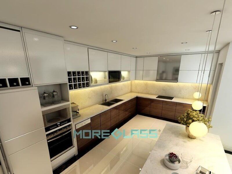 Tô điểm cho phòng bếp với mẫu tranh kính ốp bếp vân đá màu be sáng MG-025 cao cấp.