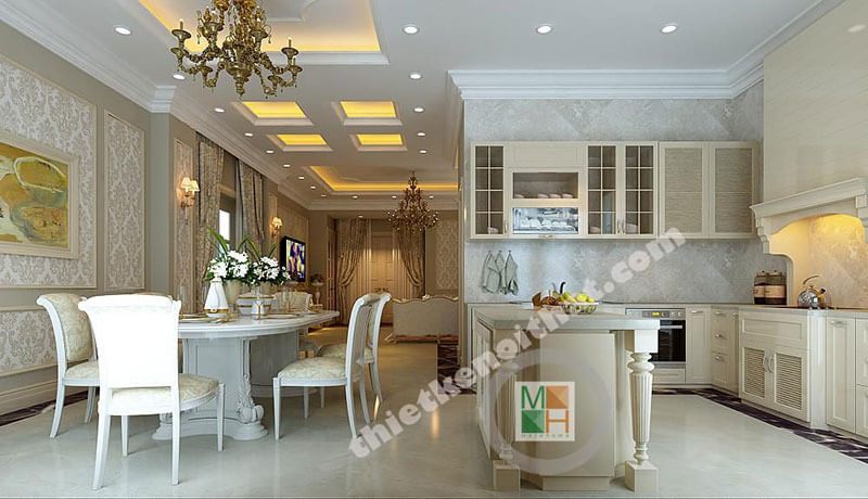 Mẫu bàn ăn tân cổ điển màu trắng cho phòng ăn sang trọng