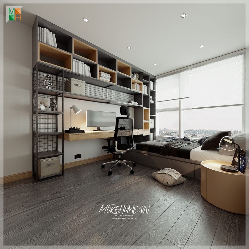 Với hệ thống giá sách lớn kết hợp bàn làm việc treo tường bằng gỗ công nghiệp giúp bạn lưu trữ được nhiều tài liệu phục vụ cho công việc của mình