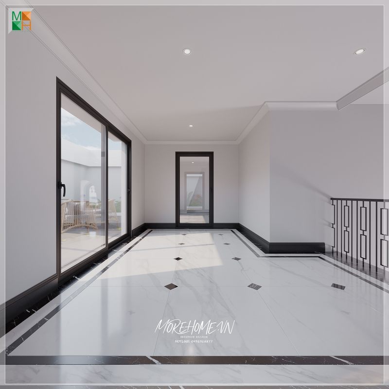 Cảm nhận sự rộng rãi và thoáng mát trong không gian thiết kế hành lang biệt thự của chính gia đình.